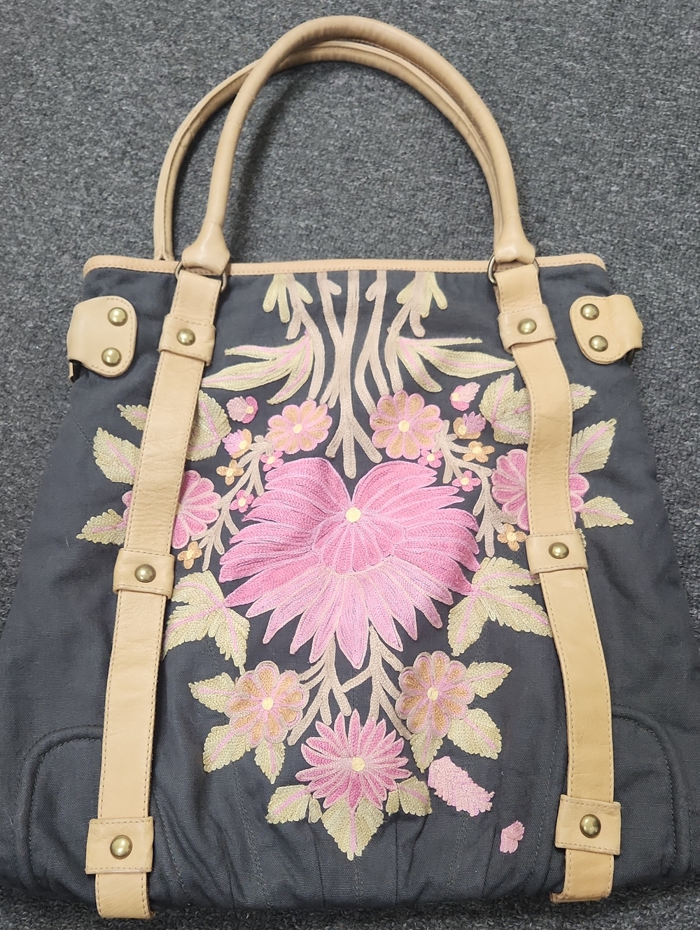 Anthropologie Nest Embroidered Pink Floral Shoulder Bag with Tan Leather Trim